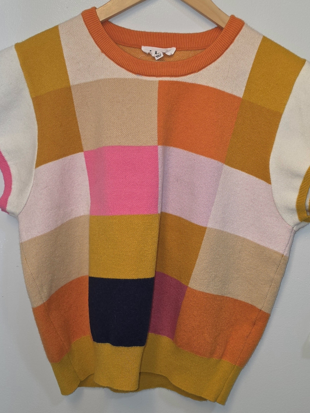 THML Colorblock Crewneck Sweater in Mustard, Pink, Orange, Navy & Cream Wool